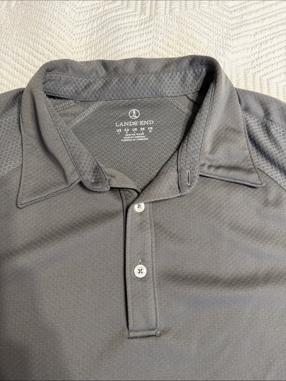 Lands' End Men's Dark Gray Performance Polo. Quick dry and cool.